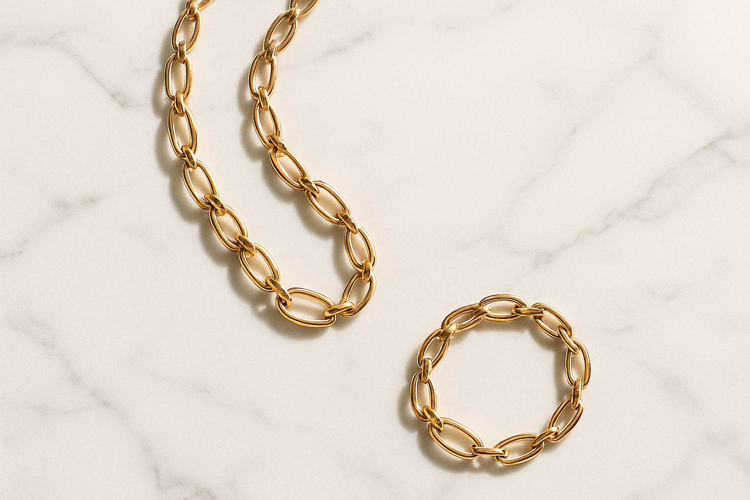 Luxury jewellery brand visual in portrait format (4:5 ratio). Gold necklace and bracelet styled on a white marble background, minimal and elegant. Soft shadows, clean modern look. Premium lifestyle photography aesthetic. Empty space in the middle for overlay text “Free Shipping & Returns”. Shopify promo grid ready, high-end, timeless.
