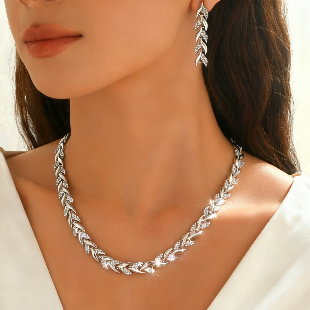 Elegant Glass Rhinestone Fish Tail Set - Necklace with Earrings