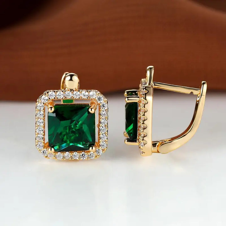 Golden Green Square Zirconia Gold Earrings
