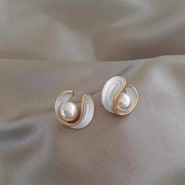 Gold Pearl and White Enamel Stud Earrings