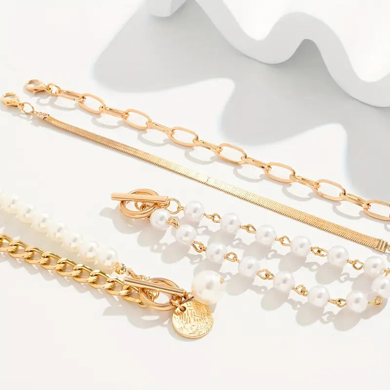 Chic Gold 4-Piece Bracelet Set – Snake, Pearls & Links | Gold