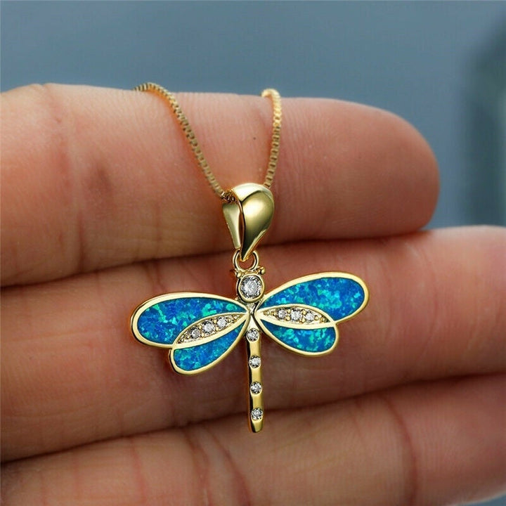 Sophisticated Gold Blue Opal Dragonfly Pendant Necklace