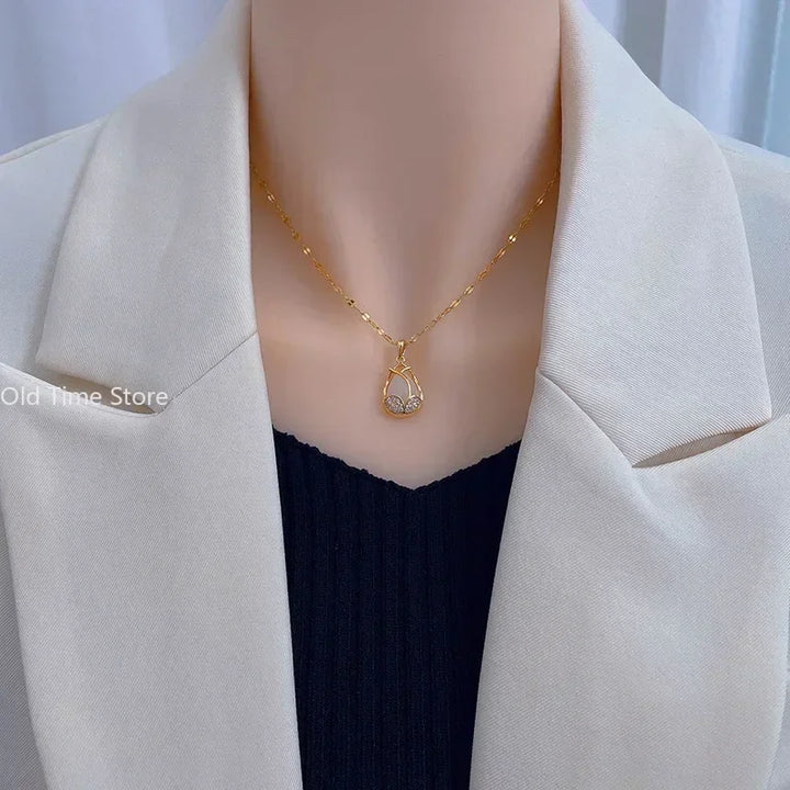 Elegant Gold Tulip Pink Crystal Pendant Necklace