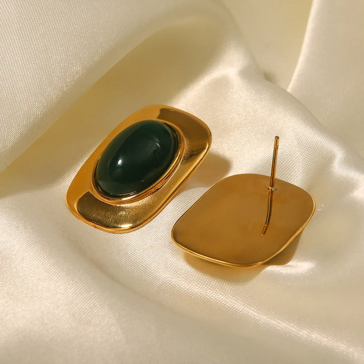 Vintage 18K Gold Plated Green Opal Oval Earrings
