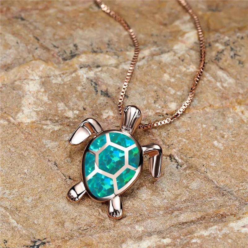 Vintage Gold Green Fire Opal Turtle Pendant Necklace