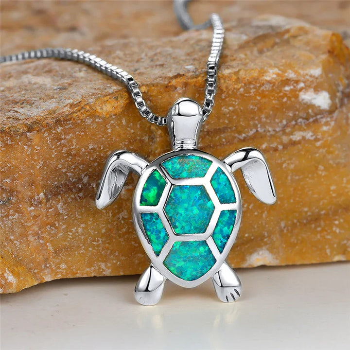 Vintage Gold Green Fire Opal Turtle Pendant Necklace