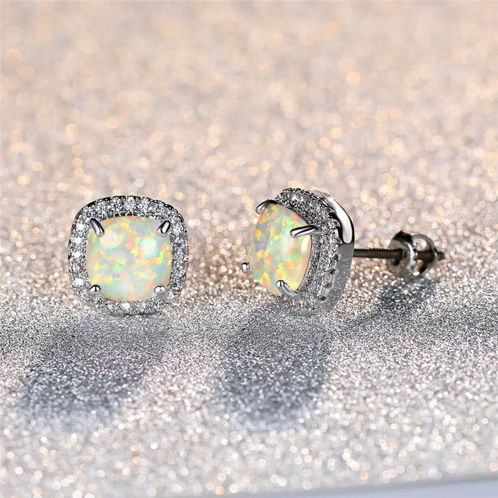 Elegant Silver Round White Fire Opal Stud Earrings