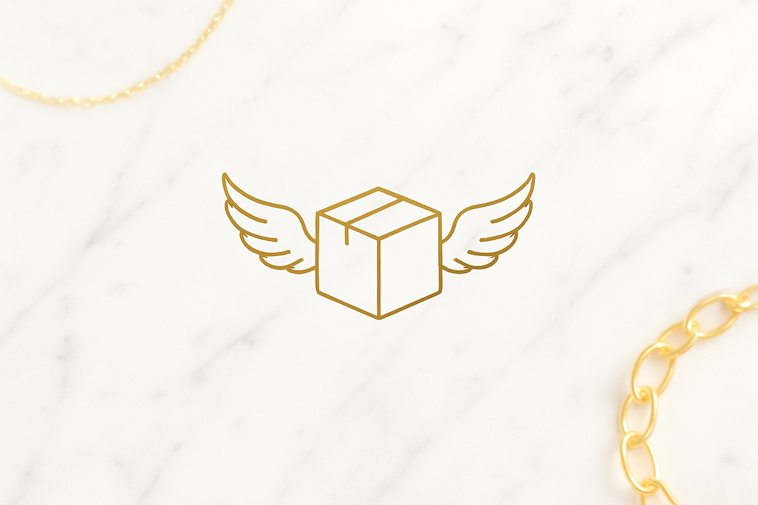 Luxurious banner with a white marble background and light grey veins. In the center, a golden line-art delivery box with delicate angel wings as the main icon. Around it, subtle blurred jewelry accents (a faint golden necklace chain and bracelet, softly glowing in the corners). Bright, minimal, modern jewelry brand aesthetic. Enough empty space in the middle for overlay text.”