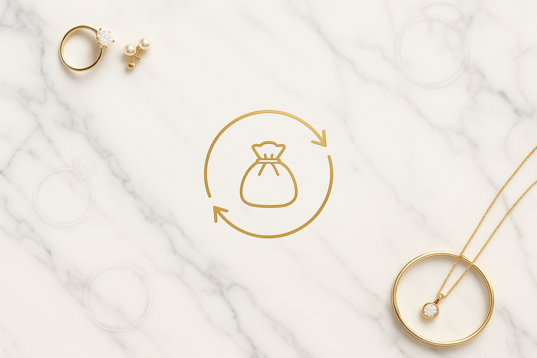 “Luxurious banner with a white marble background and soft grey veins. In the center, a golden line-art circular arrow wrapped around a small jewelry pouch icon. Subtle jewelry accents in the background, such as a faint ring and bracelet blurred into the marble texture. Elegant, premium, with lots of negative space for overlay text.” with jewelry partly in two corners