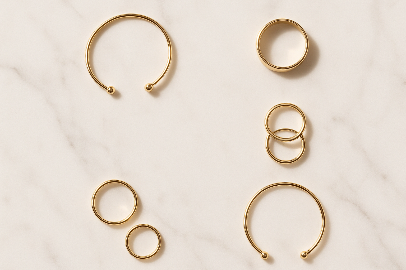 Minimalistic luxury jewellery flat lay on white marble background, portrait format (4:5). Elegant gold rings and bracelets arranged in a balanced composition with soft natural shadows. Neutral tones, clean and timeless. Premium lifestyle photography, space in the center for overlay text “Buy 1, Get 1 Free”. Shopify promo grid ready.
